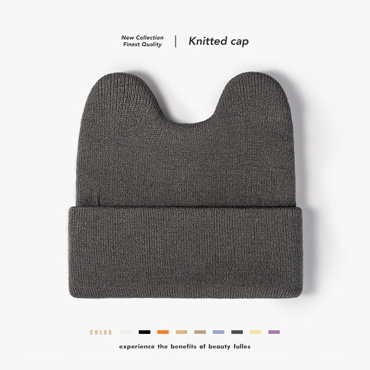Gray rounded ear cuffed knit beanie overview
