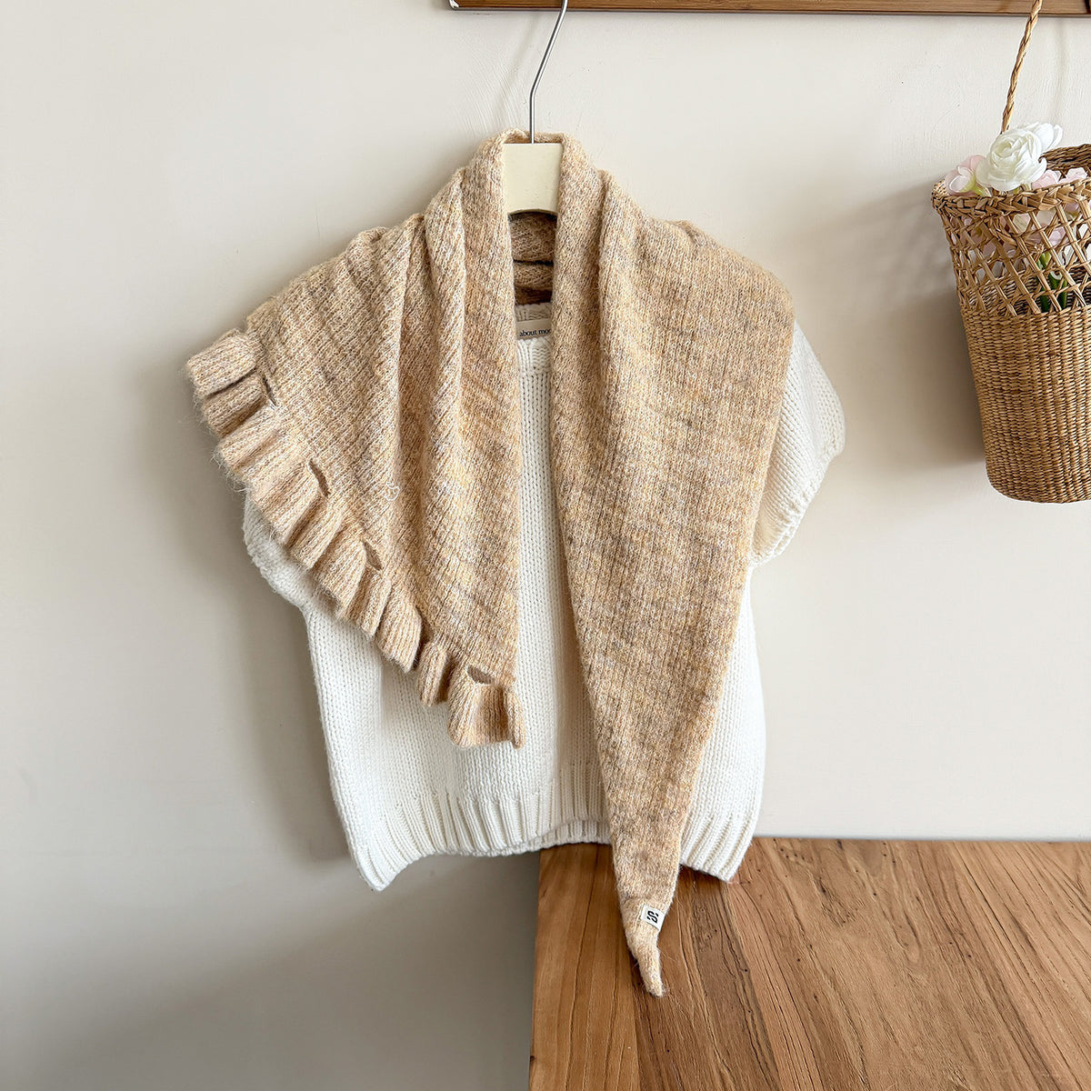 Product image for Scarvii - Fuzzy Knit Fringe Triangle Scarf (Beige)