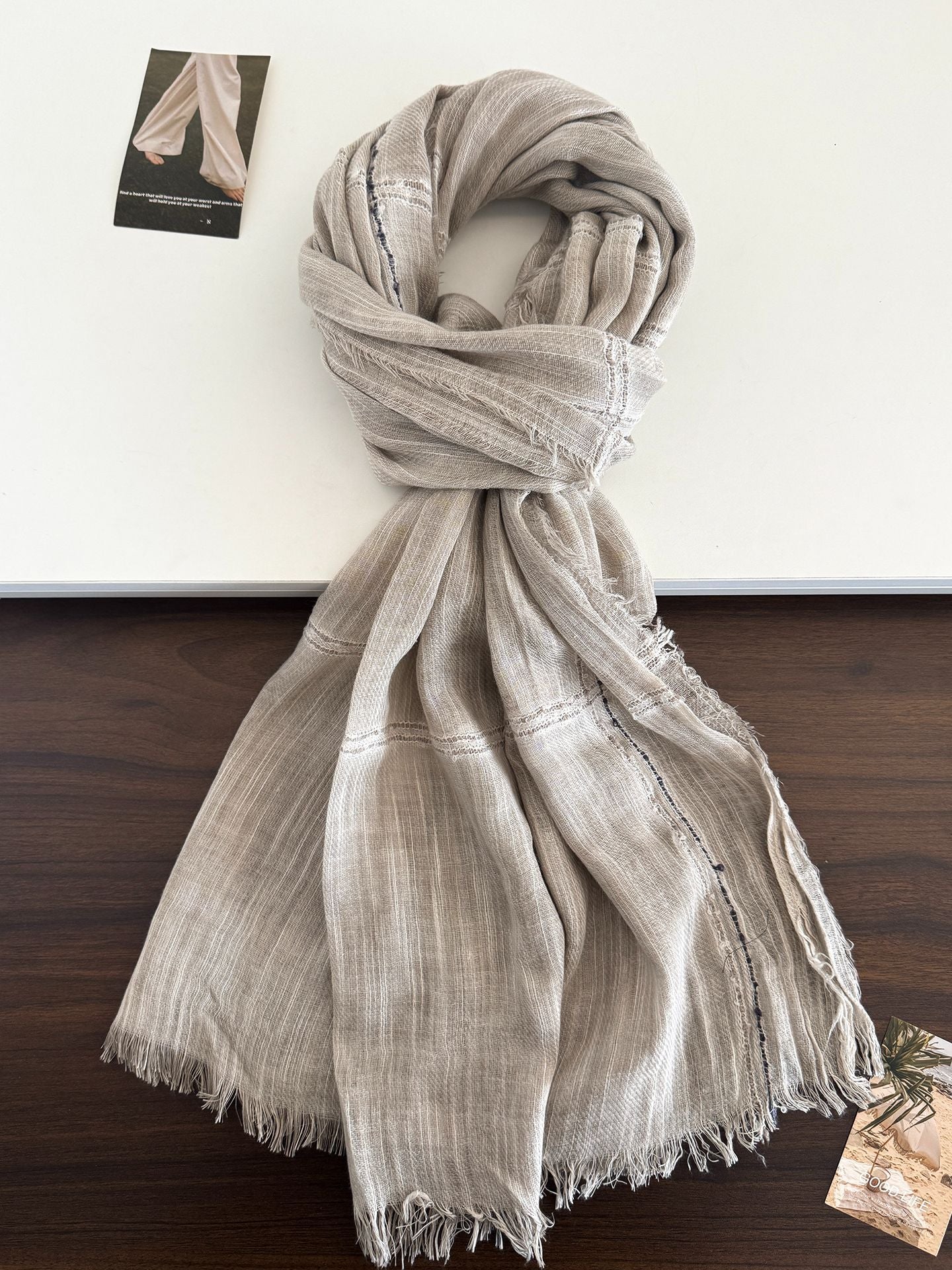 Product image for Scarvii - Gauzy Openwork Stripe Fringed Scarf (Beige)