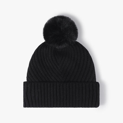 Black pom-pom faux fur-lined cuffed knit beanie product view