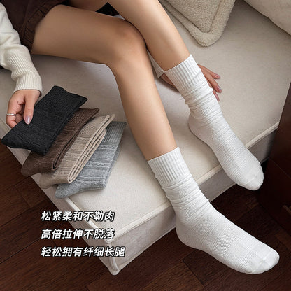 阿程家批发袜子女款秋冬复古日系针织中筒袜纯色软糯棉袜堆堆袜子