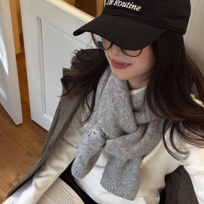 新款羊毛混纺刺绣围巾秋冬季女纯色针织韩版学生百搭时尚保暖围脖