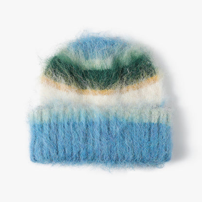 Blue fuzzy multicolor striped cuffed beanie product view