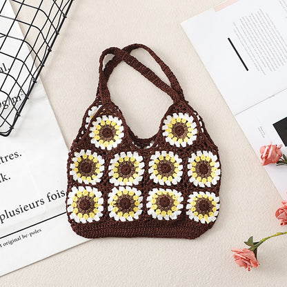 Cosbai Bohemian Sunflower Crochet Bag angled close-up of sunflower crochet
