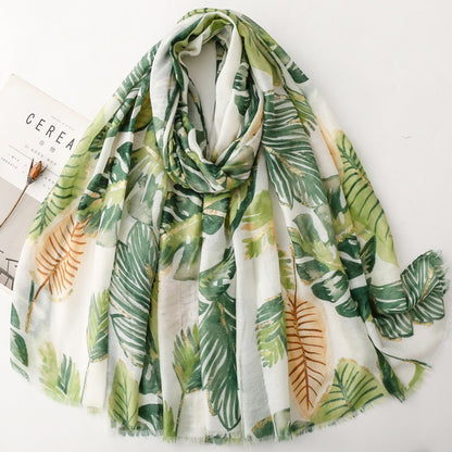 Green tropical leaf foil wrap scarf product view