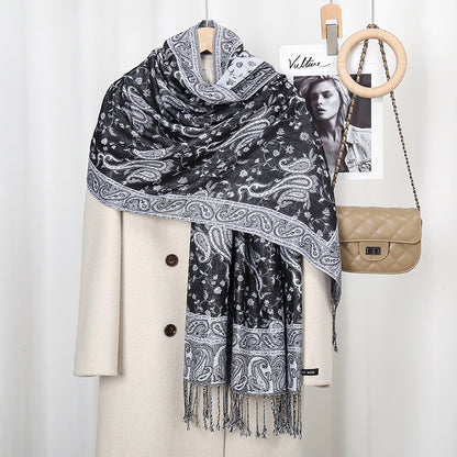 Product image for Scarvii - Paisley Floral-Vine Fringe Scarf (Black Gray)