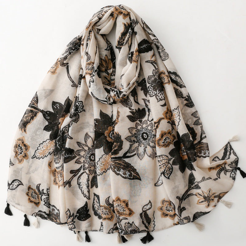 Ivory Black Botanical Tassel Wrap Scarf, draped front view