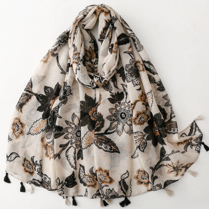 Ivory Black Botanical Tassel Wrap Scarf, draped front view