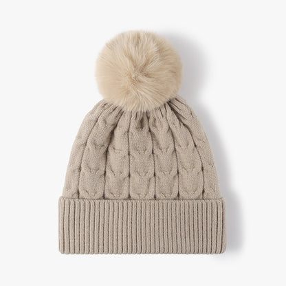 Brown plush lined cable knit pom beanie