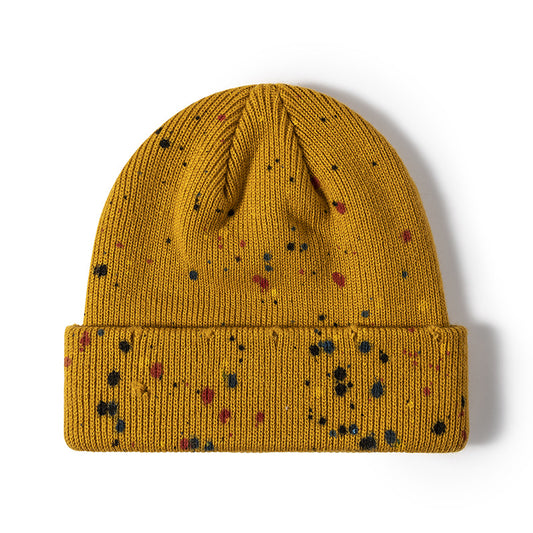 Yellow paint splatter cuffed knit beanie overview