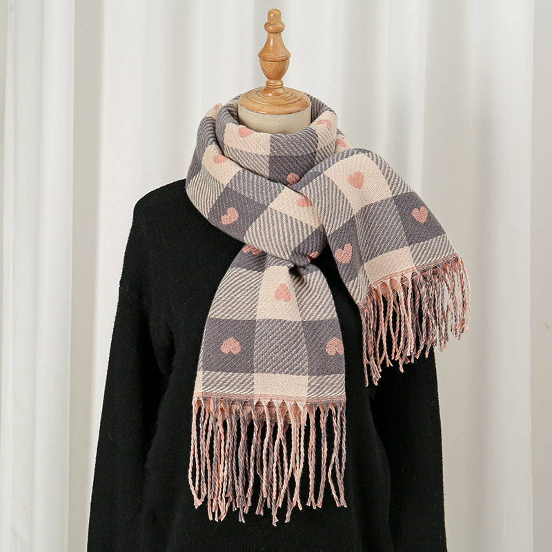 Scarvii - Heart Print Plaid Winter Scarf