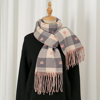 Scarvii - Heart Print Plaid Winter Scarf