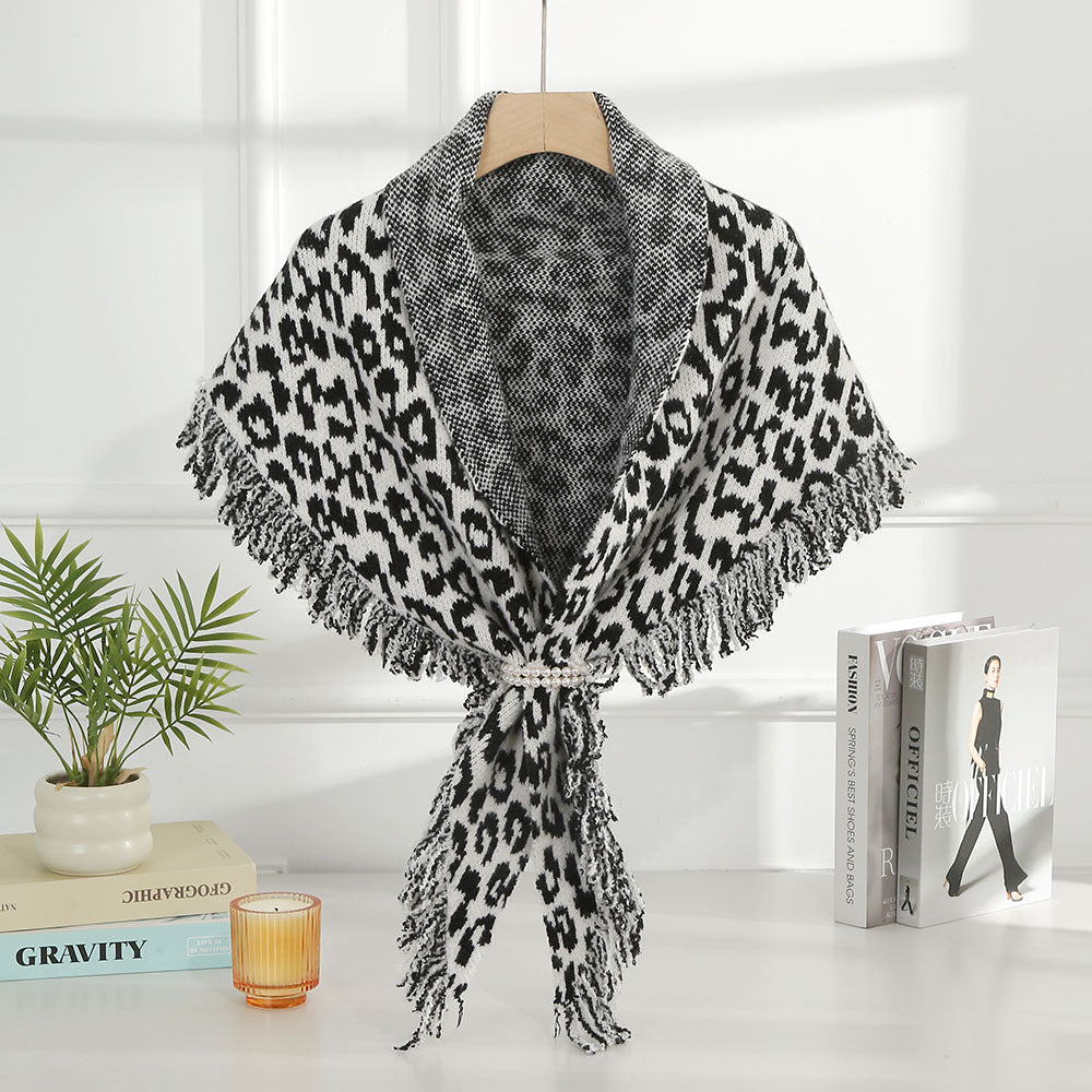 Product image for Scarvii - Leopard Print Fringed Scarf (White)