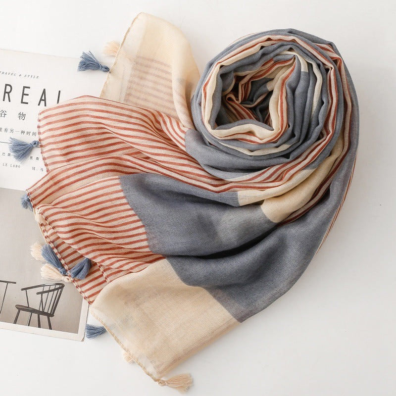 Mocha Blue Stripe Geometric Tassel Wrap Scarf, folded pattern detail