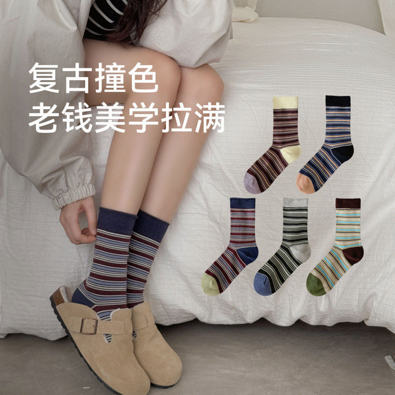 远润家秋冬复古条纹袜子女春百搭老钱风撞色无骨堆堆棉袜女