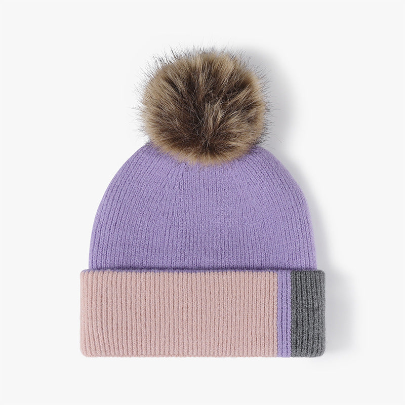 Purple colorblock plush lined pom knit beanie