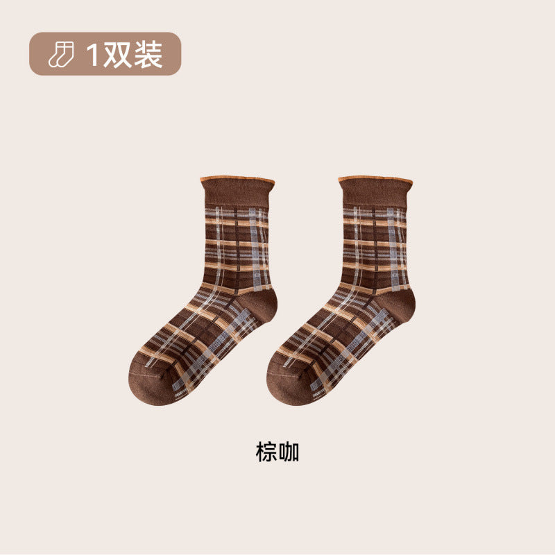 远润家日系复古格子条纹袜子中筒女秋冬新款百搭无骨堆堆袜