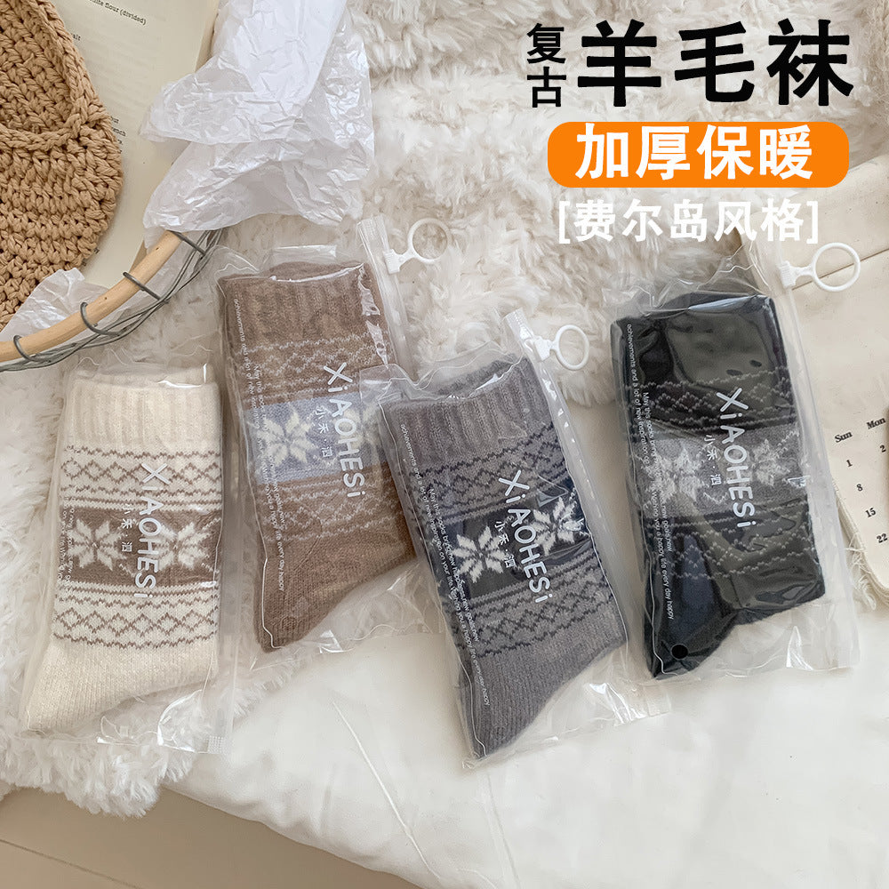 秋冬加厚羊毛袜子女袜ins潮复古文艺民族风堆堆袜加厚保暖中筒袜