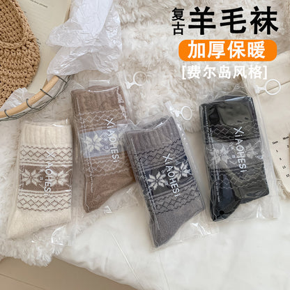 秋冬加厚羊毛袜子女袜ins潮复古文艺民族风堆堆袜加厚保暖中筒袜