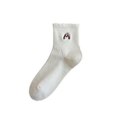 春秋卡通刺绣无骨中筒袜女士蝴蝶结花边透气亲肤可爱休闲长袜