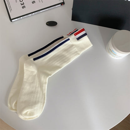 tb风袜子秋冬新款后跟织带装饰经典三条杠学院风潮牌袜日系堆堆袜