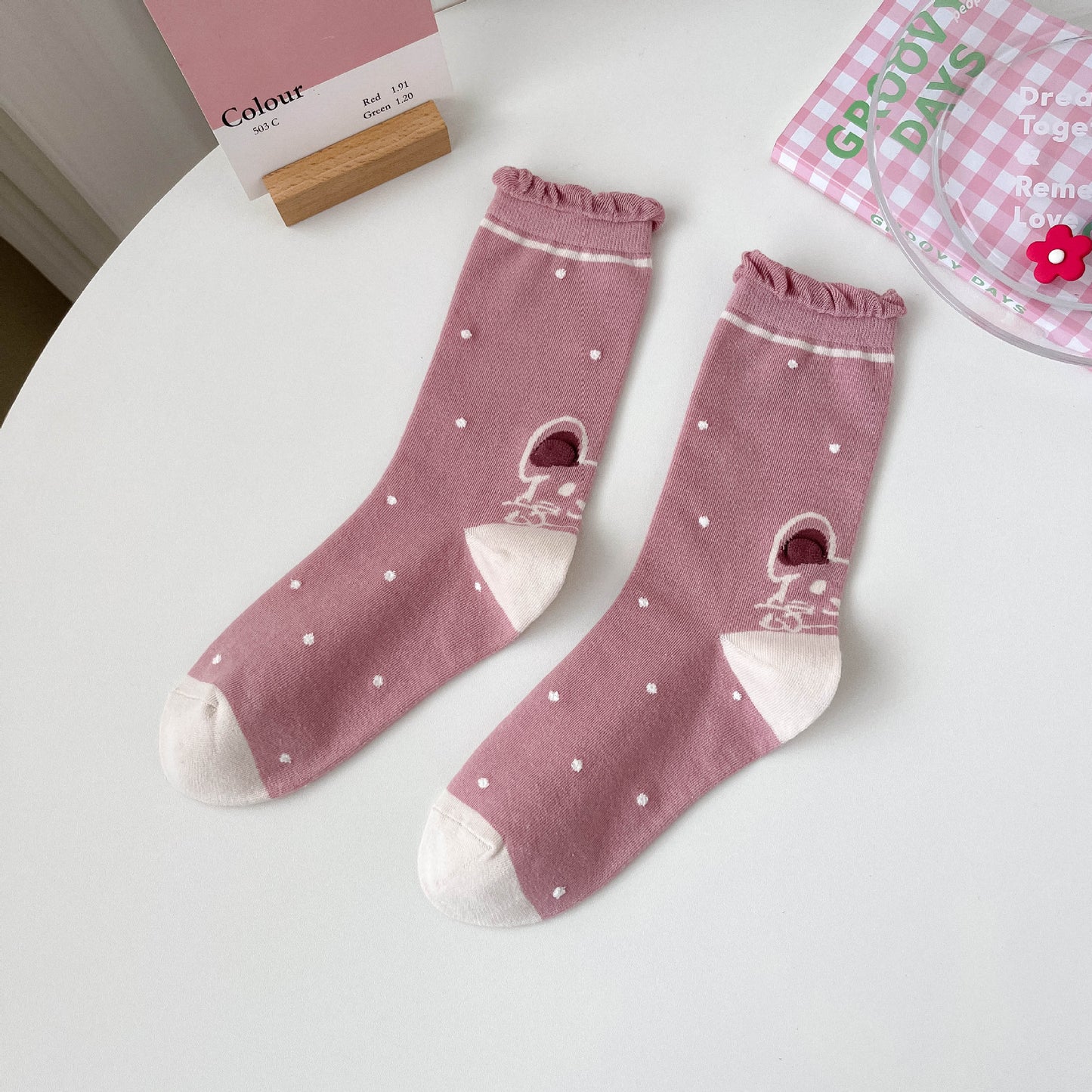 Rufia - Cute Patterned Socks in Pink and White