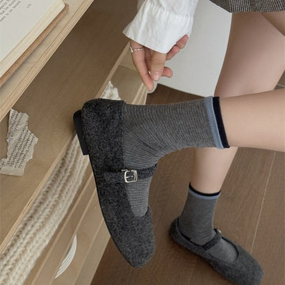 秋款日系双口袜子女撞色细条纹中筒袜子女软糯百搭松口月子袜诸暨