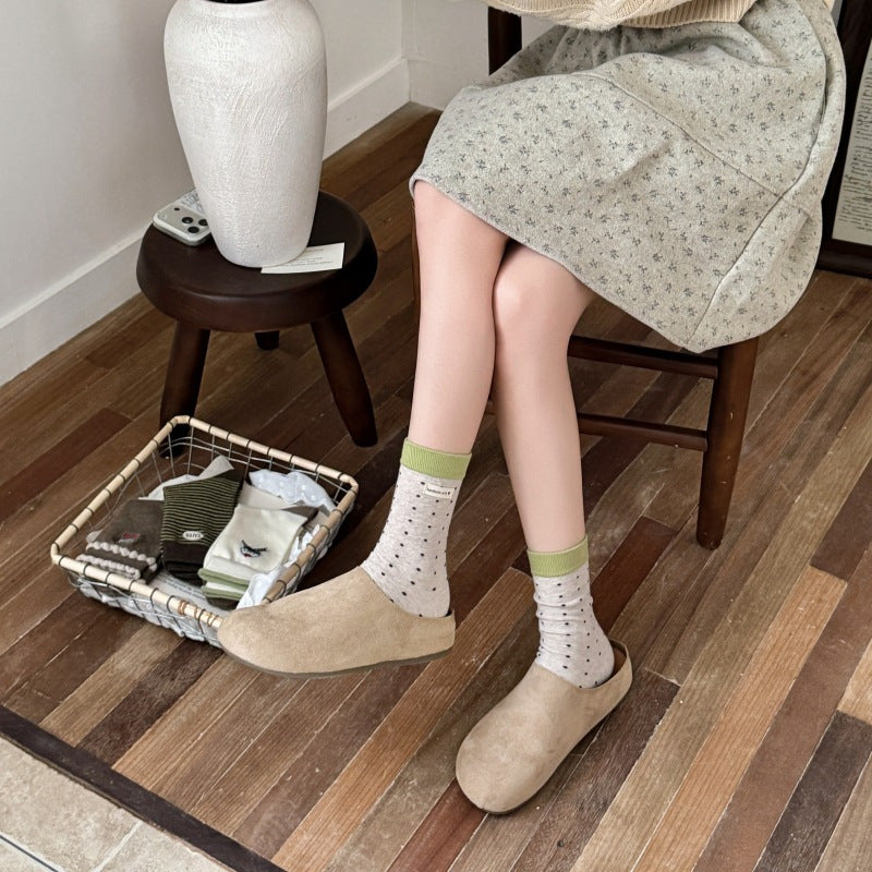 秋季袜子女韩版卡通刺绣小狗中筒袜日系蝴蝶结条纹细点棉堆堆袜