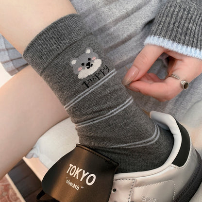 小狗刺绣灰蓝系袜子女中筒袜ins百搭棉袜无骨日系卡通可爱堆堆袜