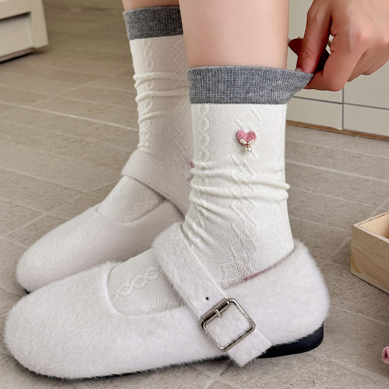 花边袜子女甜美小碎花中筒袜韩系蝴蝶结珍珠饰品袜日系条纹堆堆袜