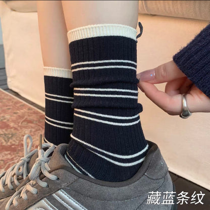 奶白色条纹袜子女秋季纯棉布标中筒袜ins潮韩版学院风长袜堆堆袜