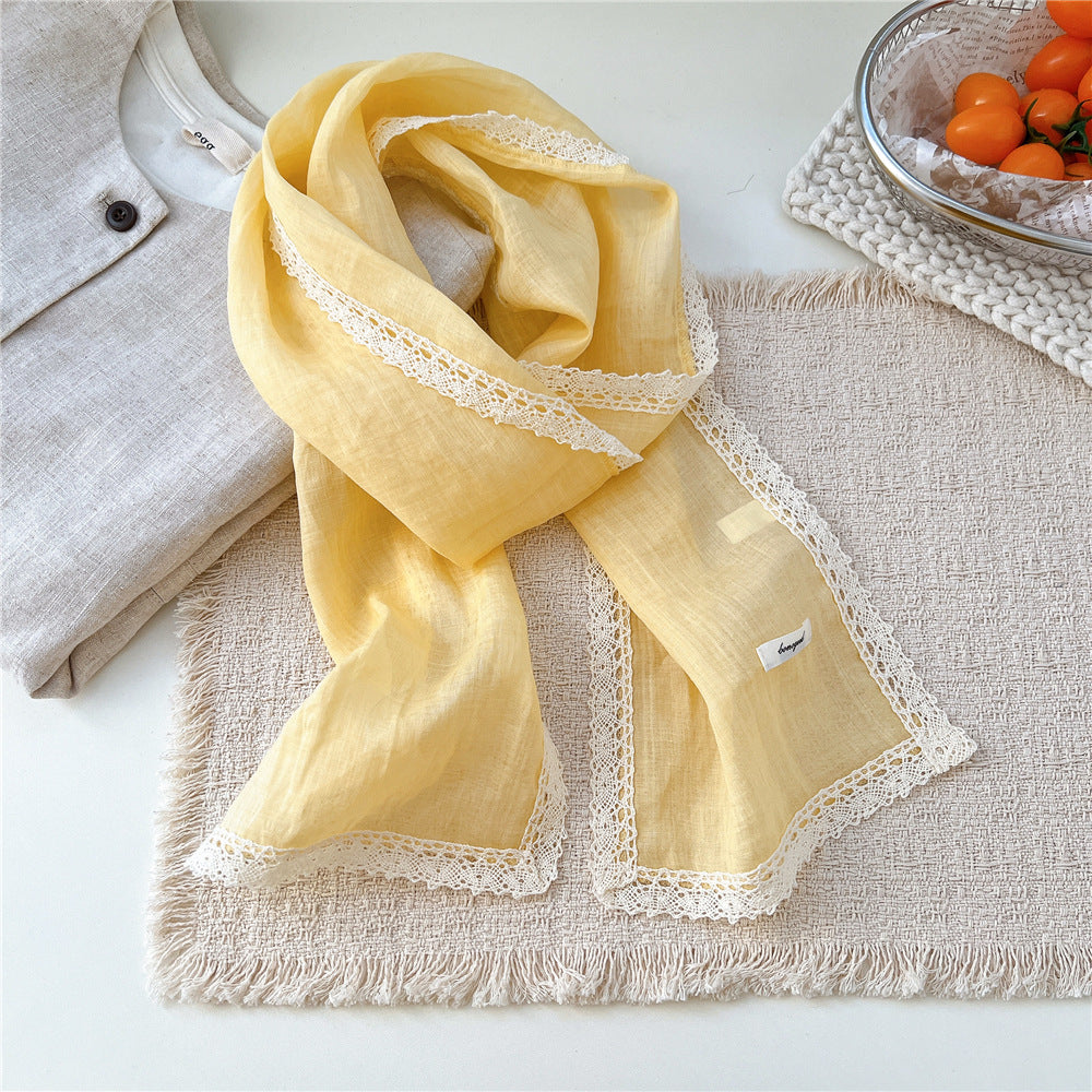 Product image for Scarvii - Lightly Sheer Openwork Lace-Trim Scarf (Yellow)