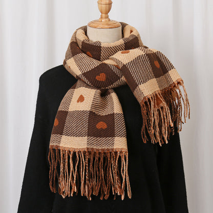 Scarvii - Heart Print Plaid Winter Scarf