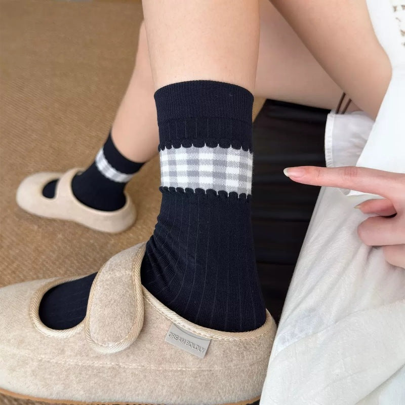 Rufia - Ribbed Cuff with Scalloped Trim Crew-Length Socks