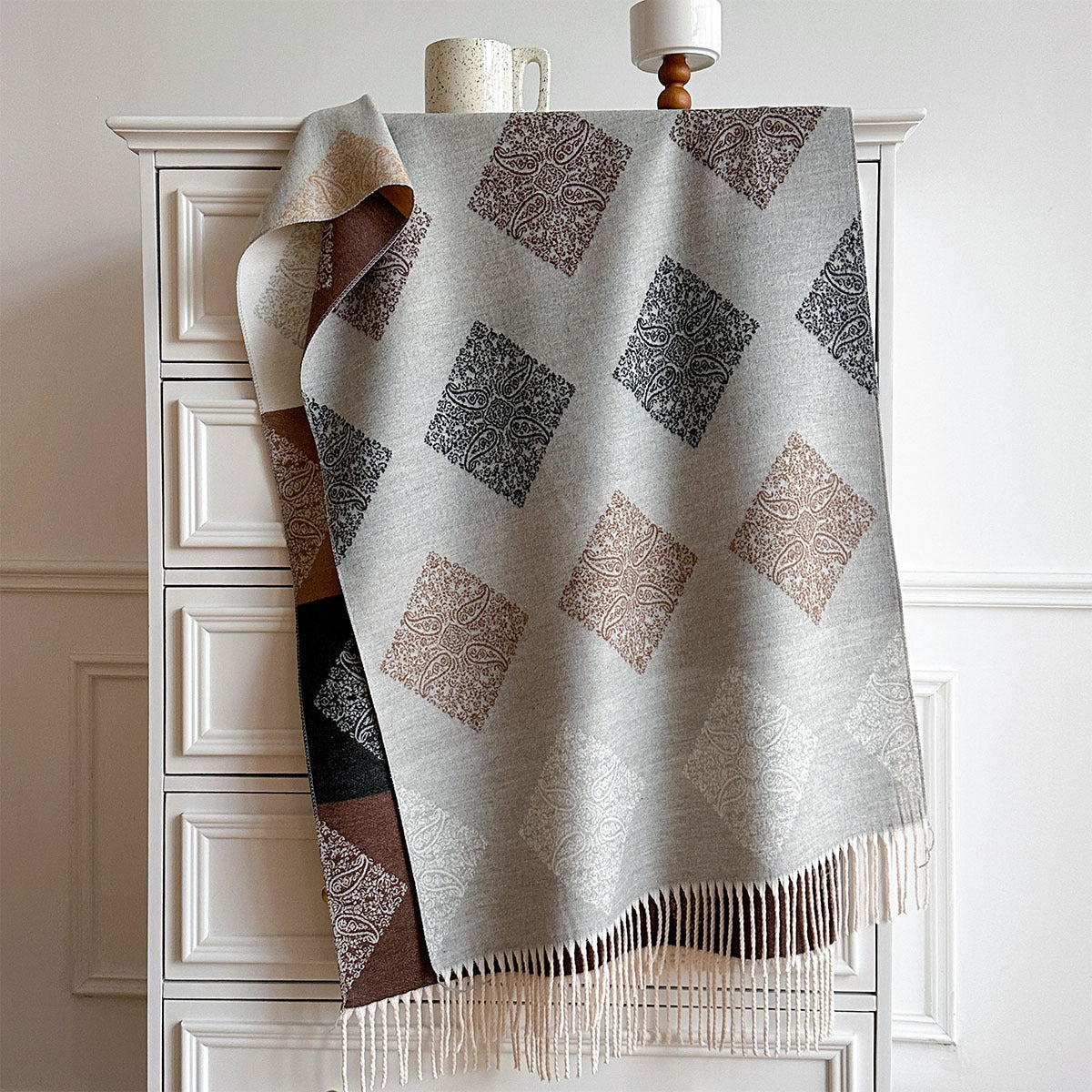 Product image for Scarvii - Diamond Paisley Twisted Fringe Scarf (Light Gray)
