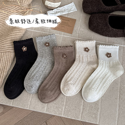 可爱花边袜子女日系短筒袜无骨棉质春秋麻花复古低帮花朵中筒袜