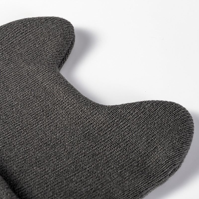 Gray rounded ear cuffed knit beanie detail