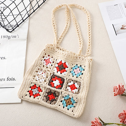 Cosbai Bohemian crochet woven tote bag angled view highlighting bohemian style