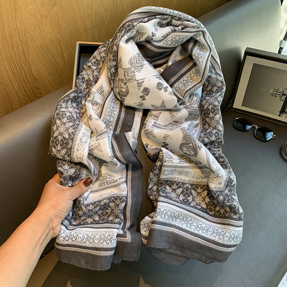夏季民族风黑灰几何围巾女防晒披肩两用旅游拍照薄款外搭披肩丝巾