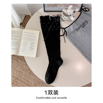 灰色蝴蝶结袜子女中筒袜纯棉夏季薄款日系jk芭蕾风堆堆袜波点长袜