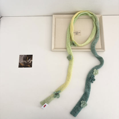 气质手工花朵含兔毛立体玫瑰花朵长围巾辣妹穿搭长条百搭细窄围脖