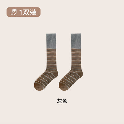 CHEEMYFREE秋冬保暖复古文艺撞色拼条中长筒小腿女袜显瘦小腿女袜