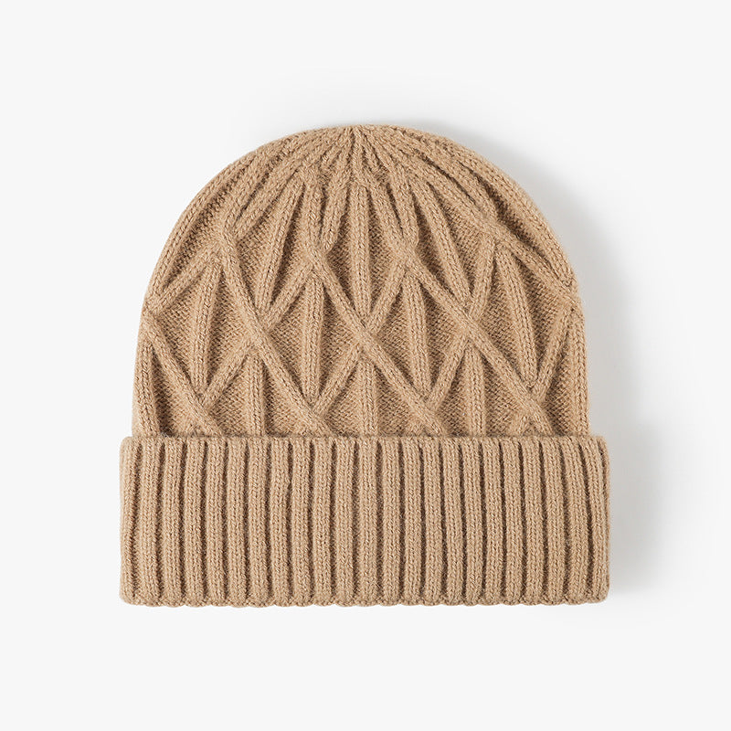 Beige chevron textured cuffed knit beanie product view
