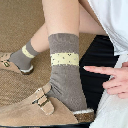 Rufia - Ribbed Cuff with Scalloped Trim Crew-Length Socks