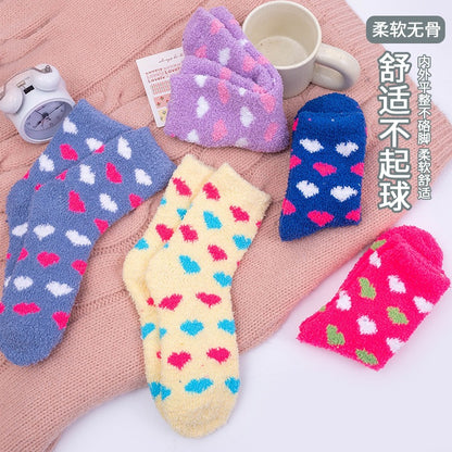跨境外贸袜子新款珊瑚绒长筒袜欧美时尚性感爱心款保暖毛圈睡眠袜