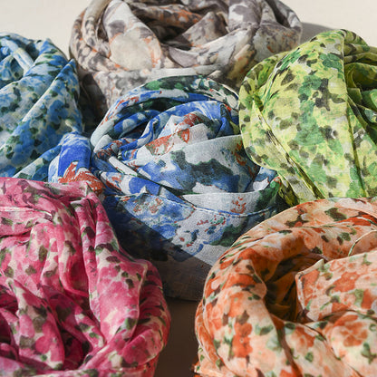 Scarvii Floral Summer Long Scarf draped to show lightweight material and floral pattern