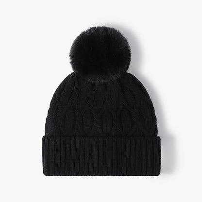 Black cable knit pom-pom cuffed beanie product view
