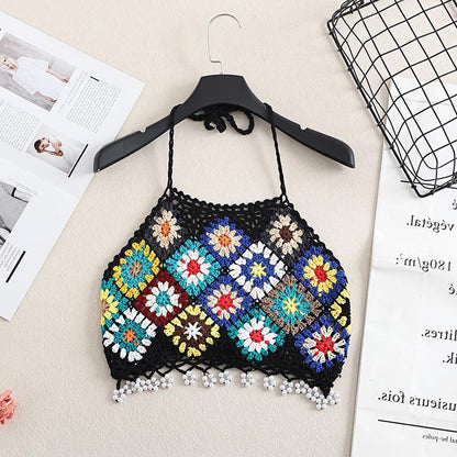 Bohemian Style Crochet Knit Crop Top color options including WHITE, RED, PURPLE