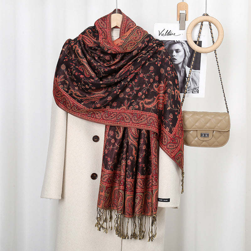 Product image for Scarvii - Paisley Floral-Vine Fringe Scarf (Black Red)