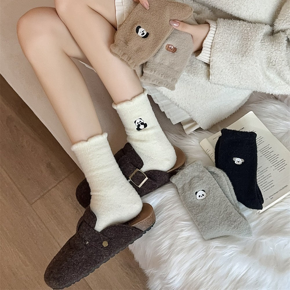 双面澳绒卡通刺绣袜子女毛绒可爱中筒睡眠地板袜加厚保暖秋冬